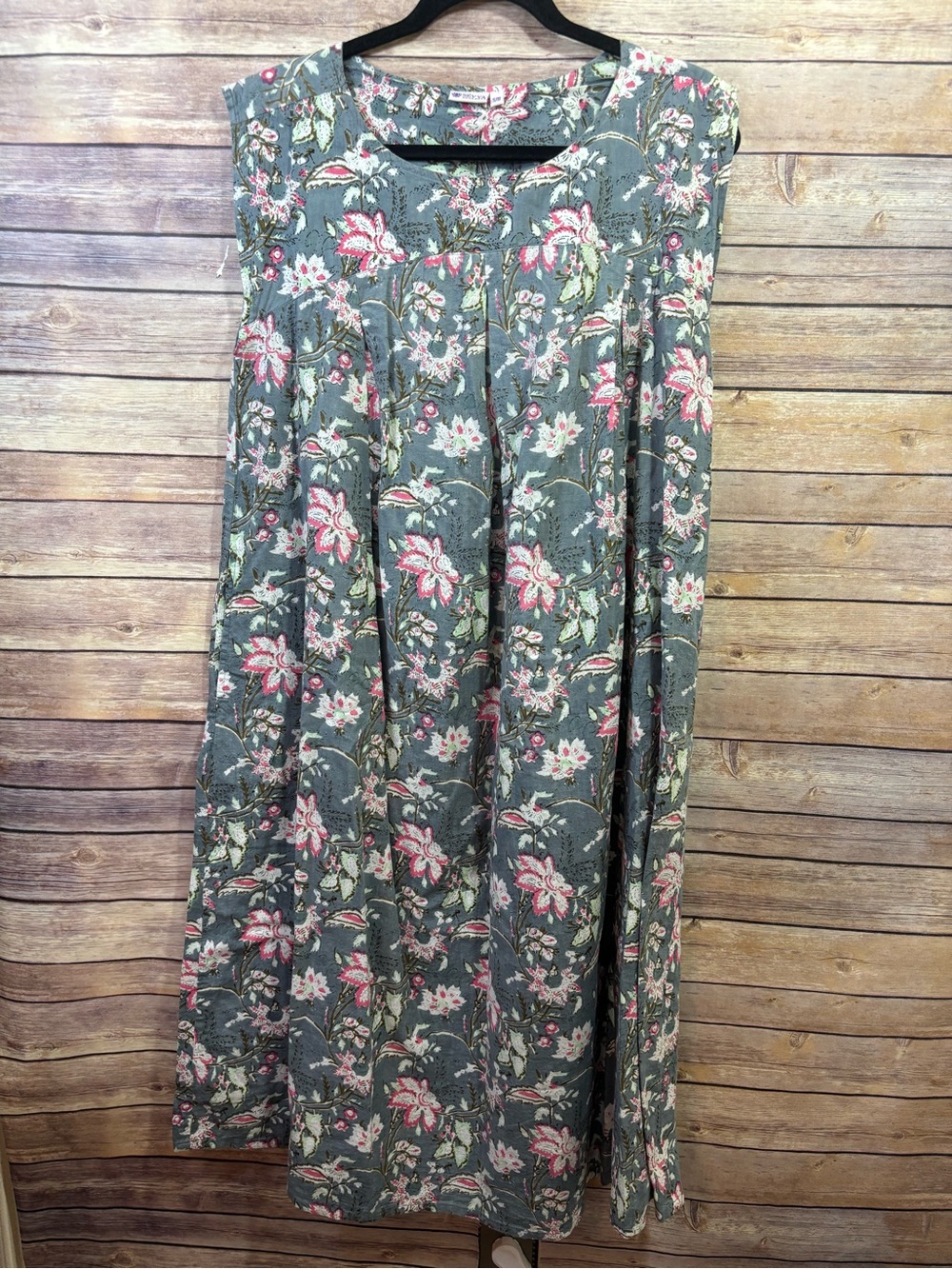 Seyva Handmade Dress Blue Pink Floral Pintuck Pockets Size S/M
